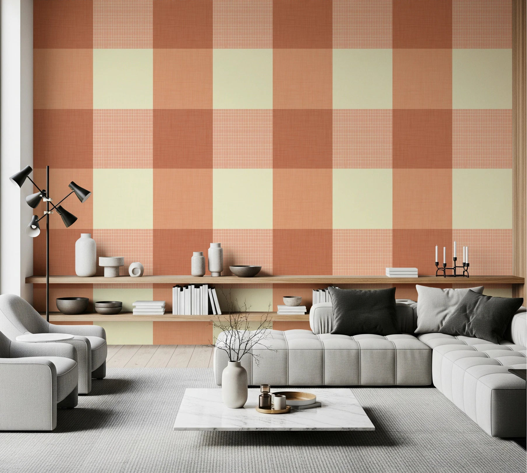 Living room with Gingham Peach wallpaper in a soft country checked layout, GD8704