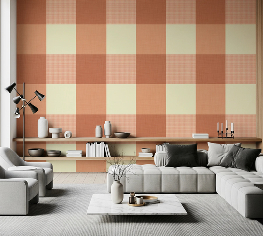 Living room with Gingham Peach wallpaper in a soft country checked layout