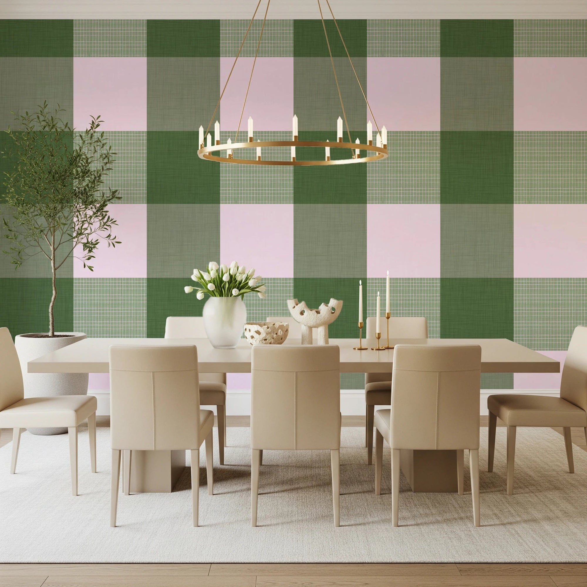 Dining room styled with Gingham Sage wallpaper in a soft country block pattern, GD8703