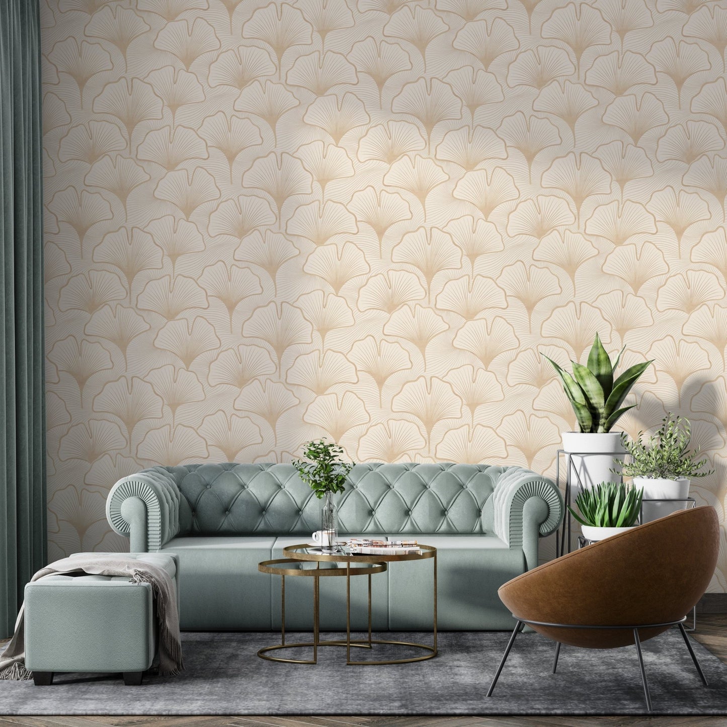 Repeating ginkgo pattern in beige GD158


