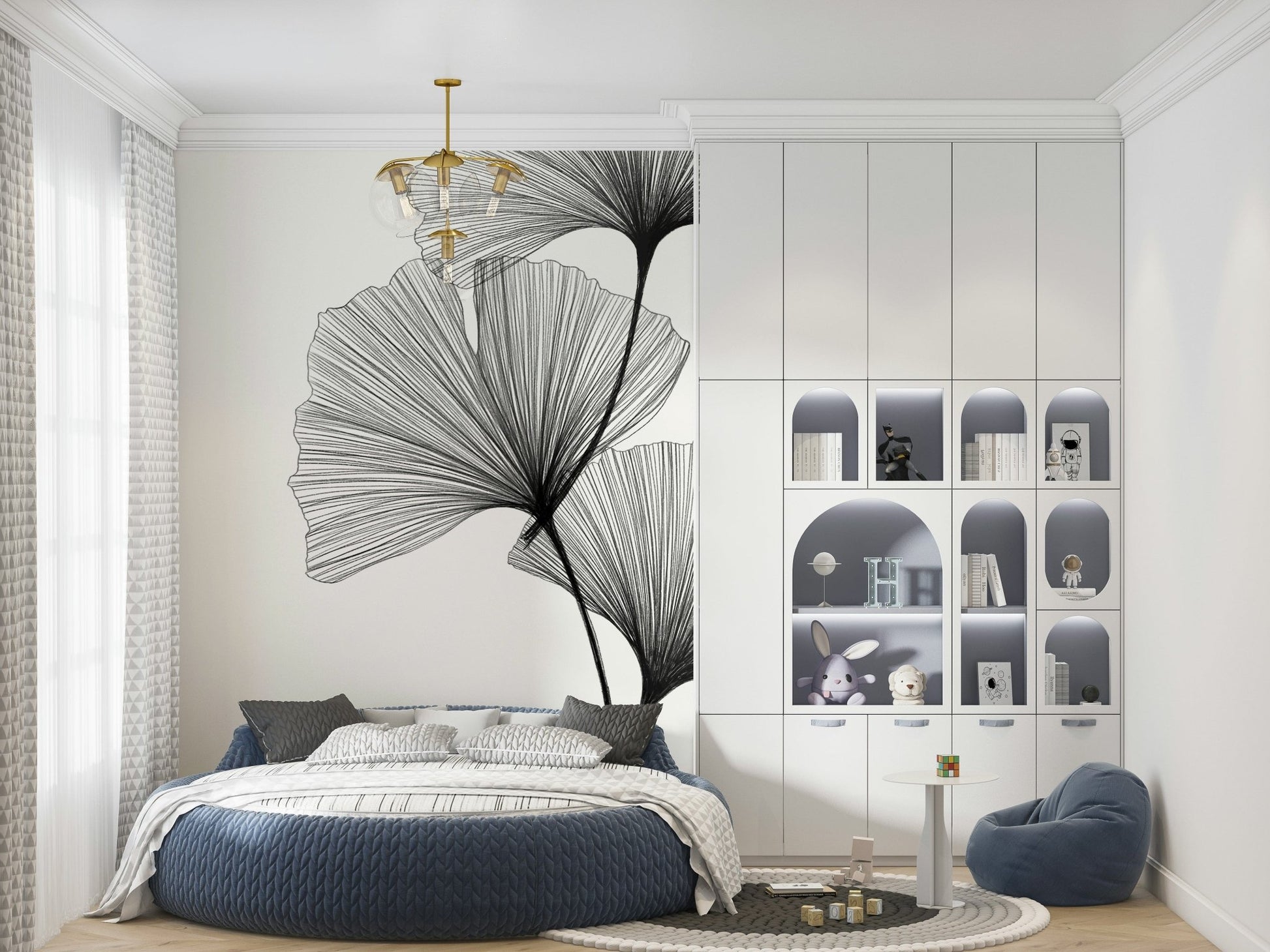 Ginkgo Line wallpaper featuring organic patterns in a dining area.
