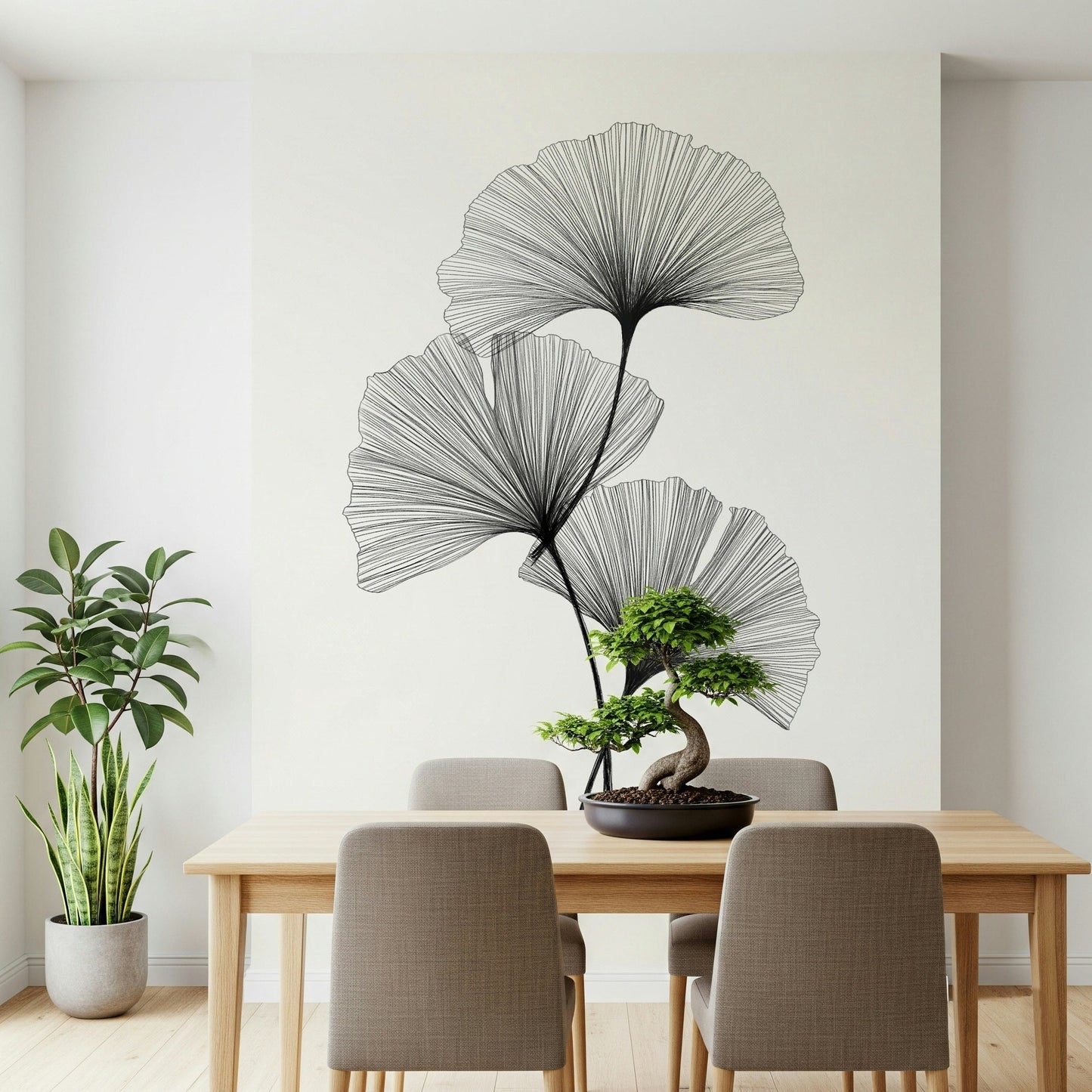 Minimalist leaf wallpaper for a serene master bedroom wall.