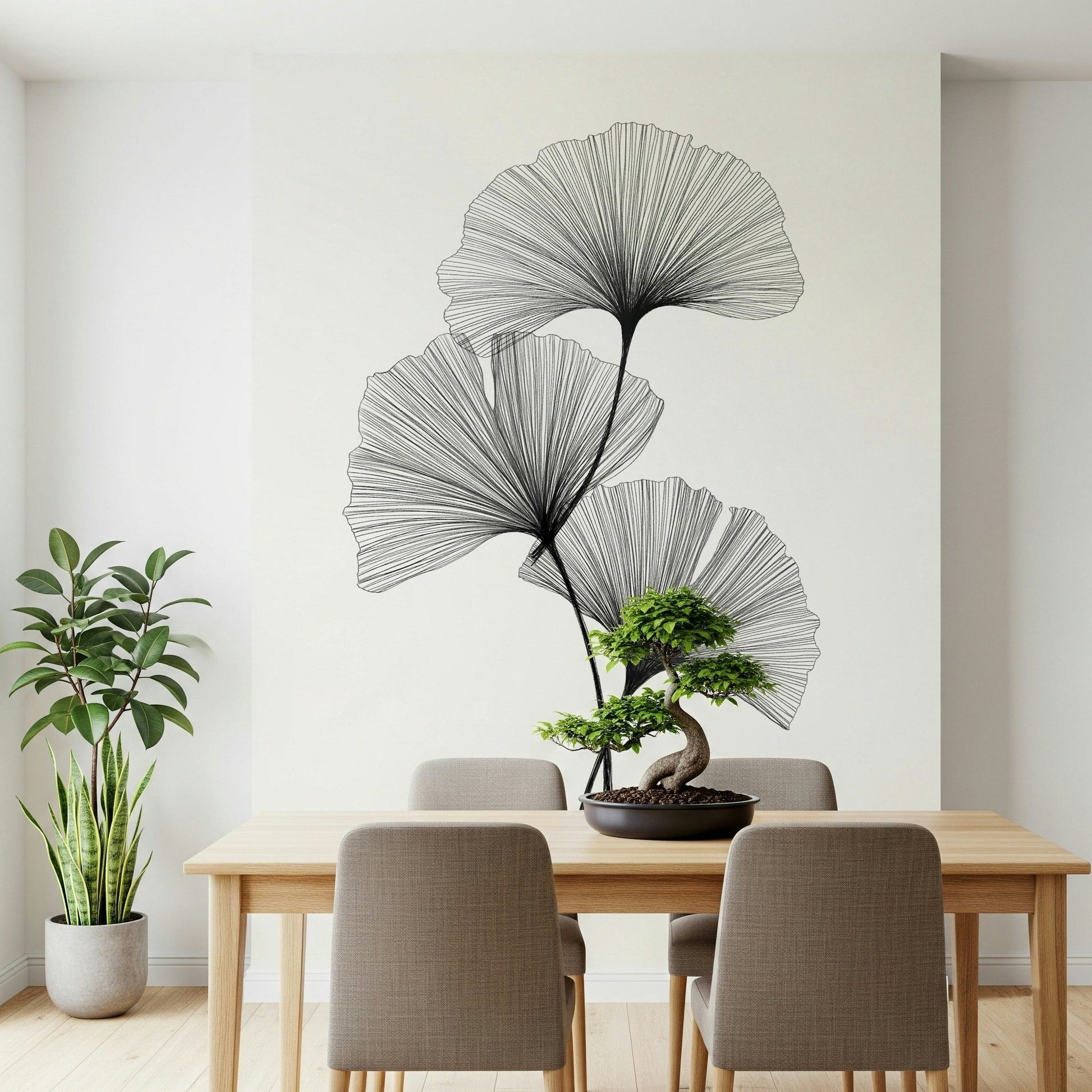 Minimalist leaf wallpaper for a serene master bedroom wall.