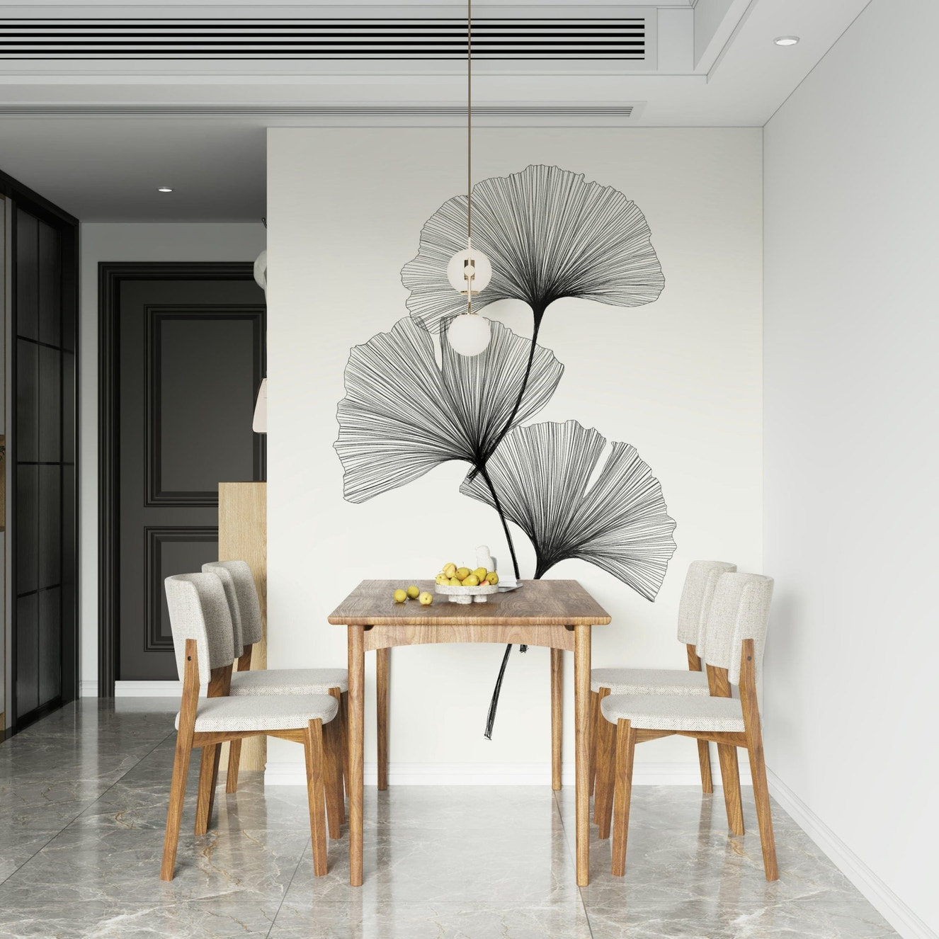 Ginkgo Line wall mural in a modern living room with gold accents.