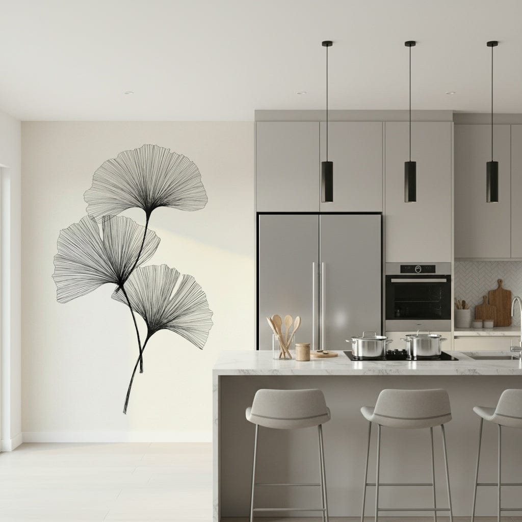 Neutral toned wallpaper with line art leaves in a guest suite.