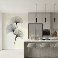 Neutral toned wallpaper with line art leaves in a guest suite.