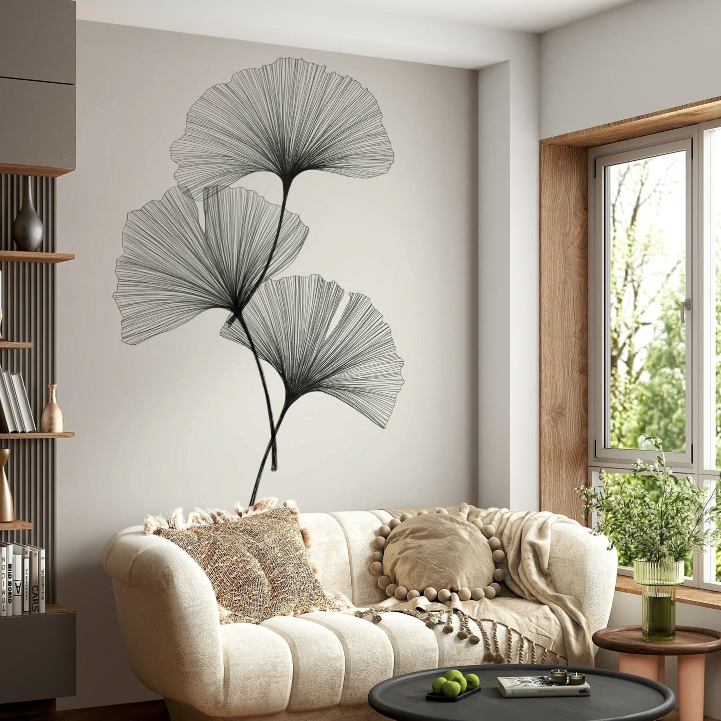Elegant ginkgo leaf wall mural for a contemporary flat lounge.