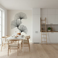 Soft green Ginkgo Line wall mural in a bright nursery space.