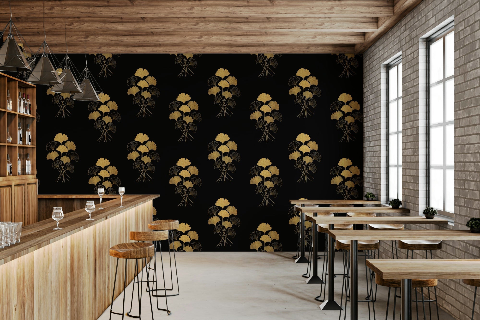 Ginkgo Luxury Gold Wall Mural with metallic leaves for a modern living room focal point., GD7800