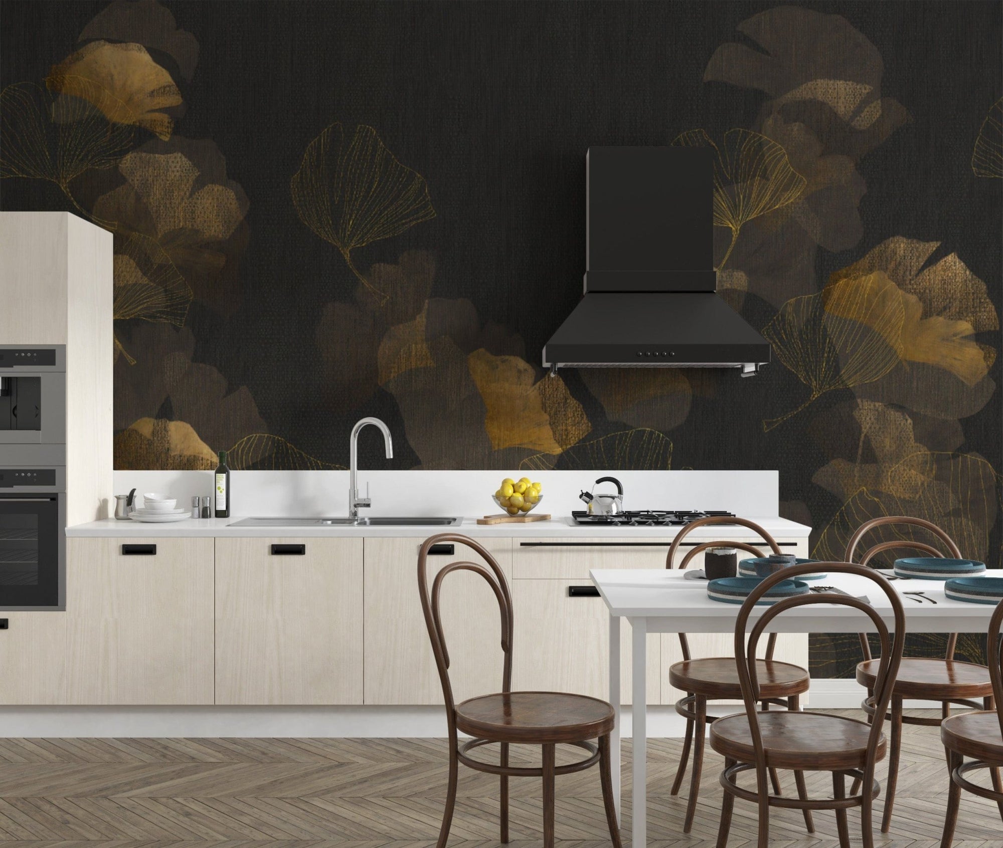 Golden Ginkgo Noir Floral Wallpaper Mural
 B655