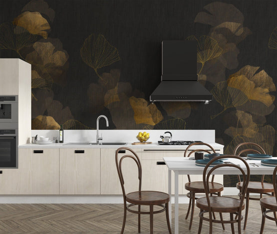 Golden Ginkgo Noir Floral Wallpaper Mural
 B655