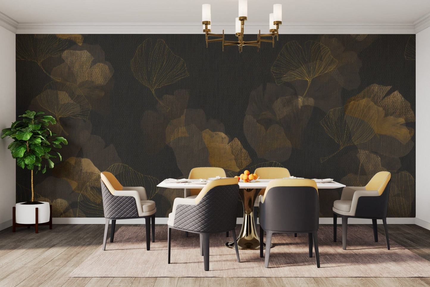 Dark Floral Wallpaper with Golden Ginkgo
