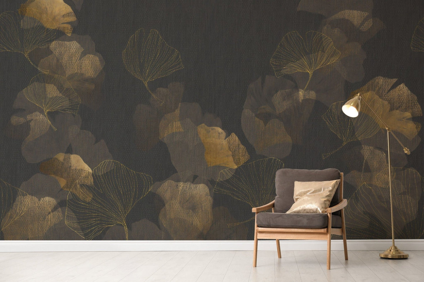 Chic Black and Gold Ginkgo Wall Mural
