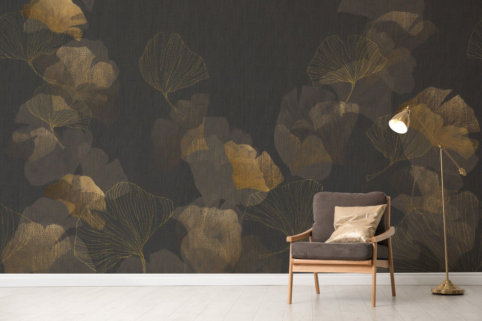 Chic Black and Gold Ginkgo Wall Mural
