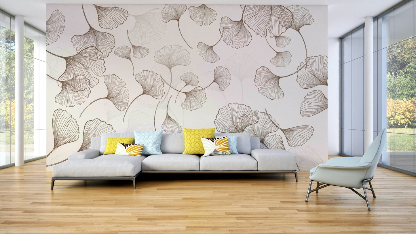 A minimalist wall mural with a subtle pattern of ginkgo leaves.

