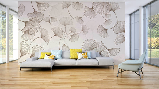 A minimalist wall mural with a subtle pattern of ginkgo leaves. GD4109

