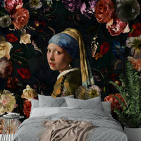 Girl with a Pearl Earring in a floral wall covering


