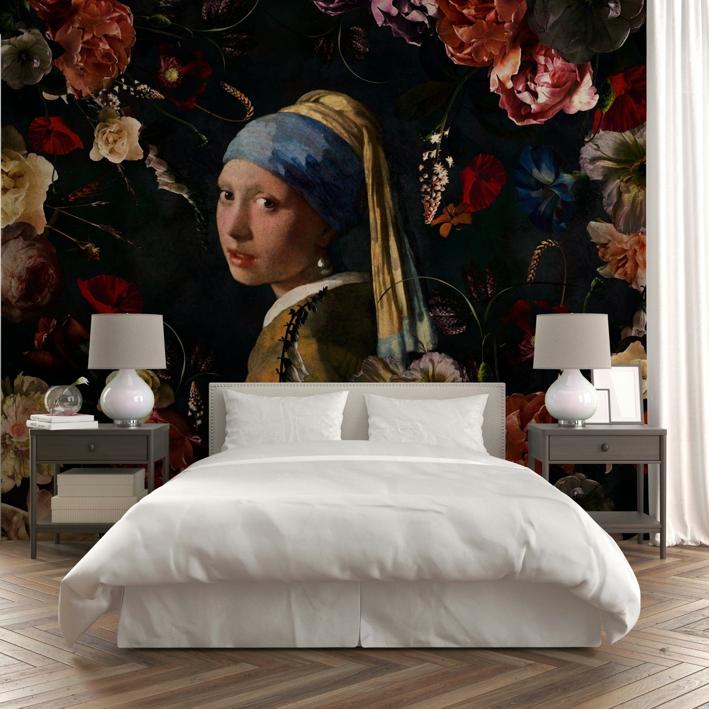Vintage art meets blooms in wall mural design

