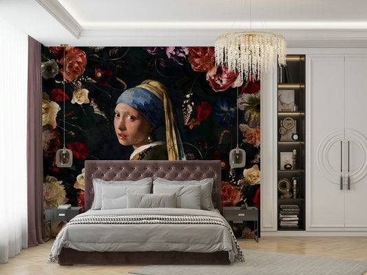 Girl with a Pearl Earring floral renaissance mural

