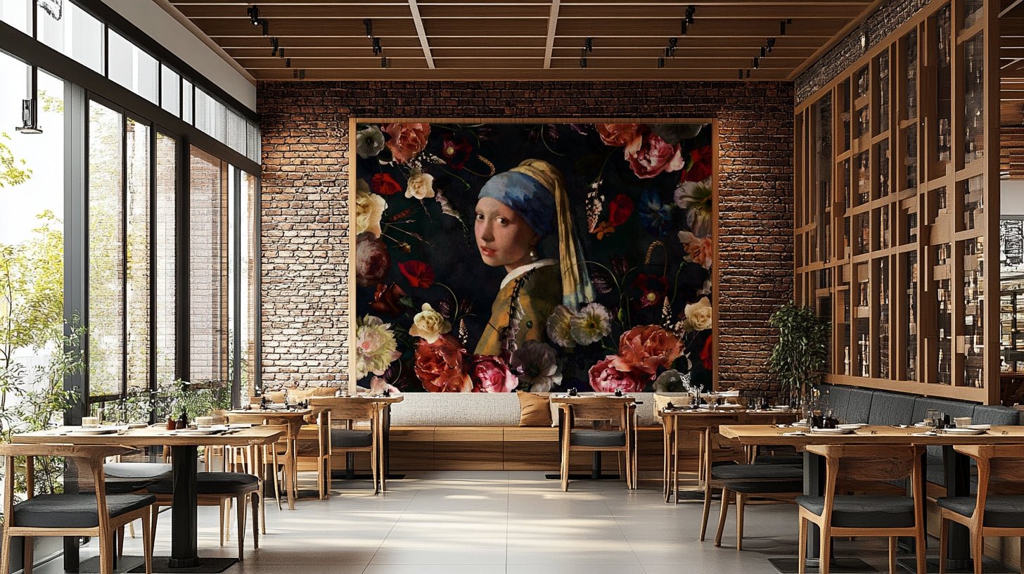 Artistic mural of Girl with a Pearl Earring and flowers

