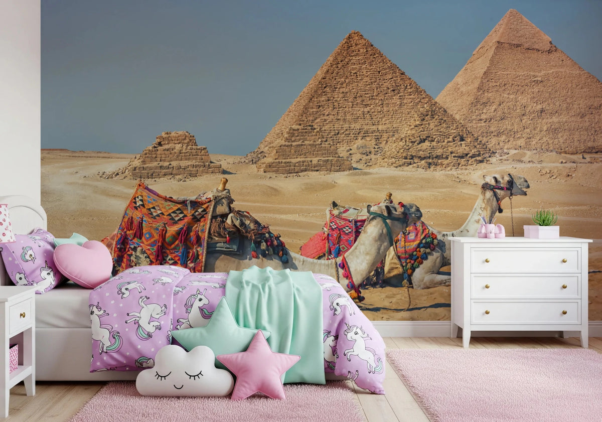 Kids bedroom styled with Giza Wall Mural showing pyramids and colorful camel scene, GD8265