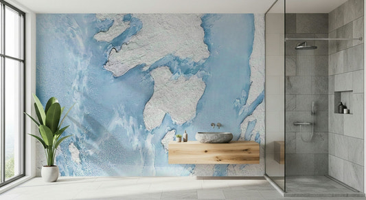 Full living room featuring the icy Glacial Dreamscape Wall Mural.