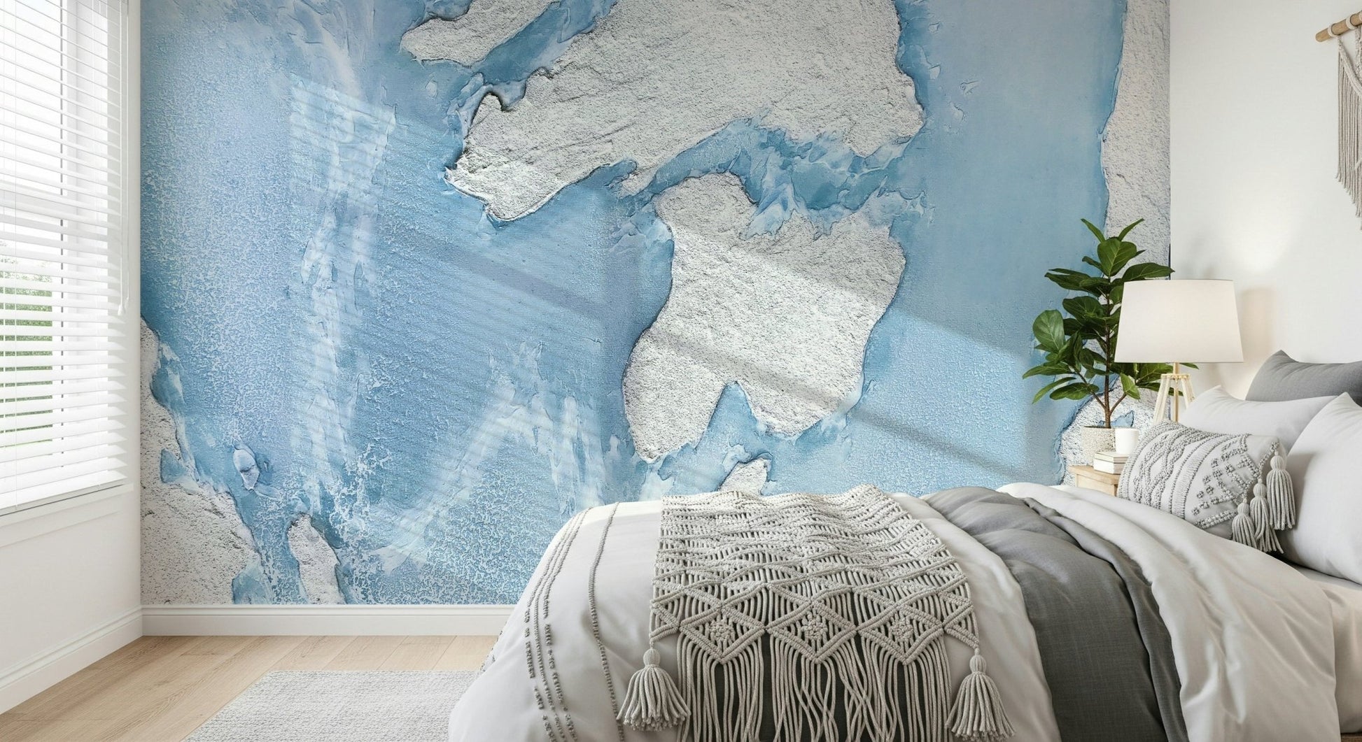 White furniture styled against the soothing Dreamscape wallpaper.