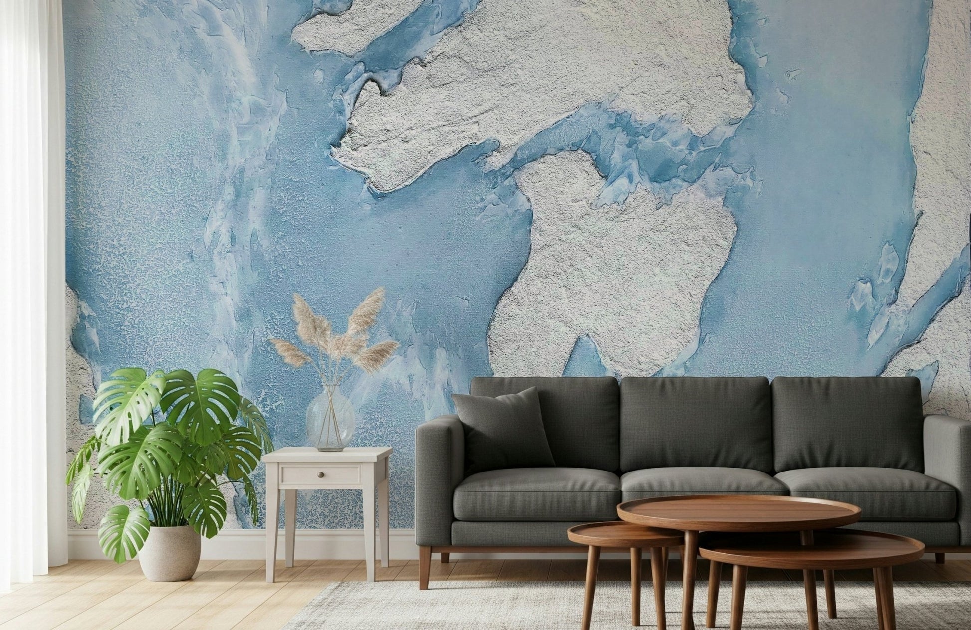 Bedroom with the Glacial Dreamscape icy blue mural accent.