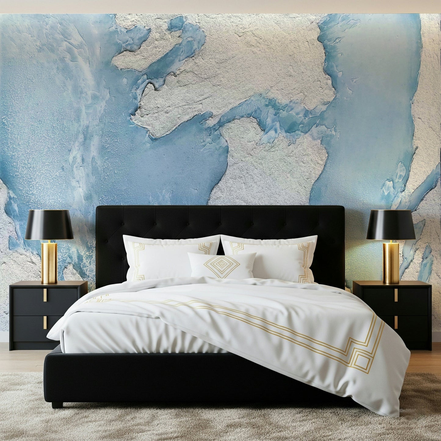 Entryway accent wall with the blue Glacial Dreamscape peel and stick wallpaper.