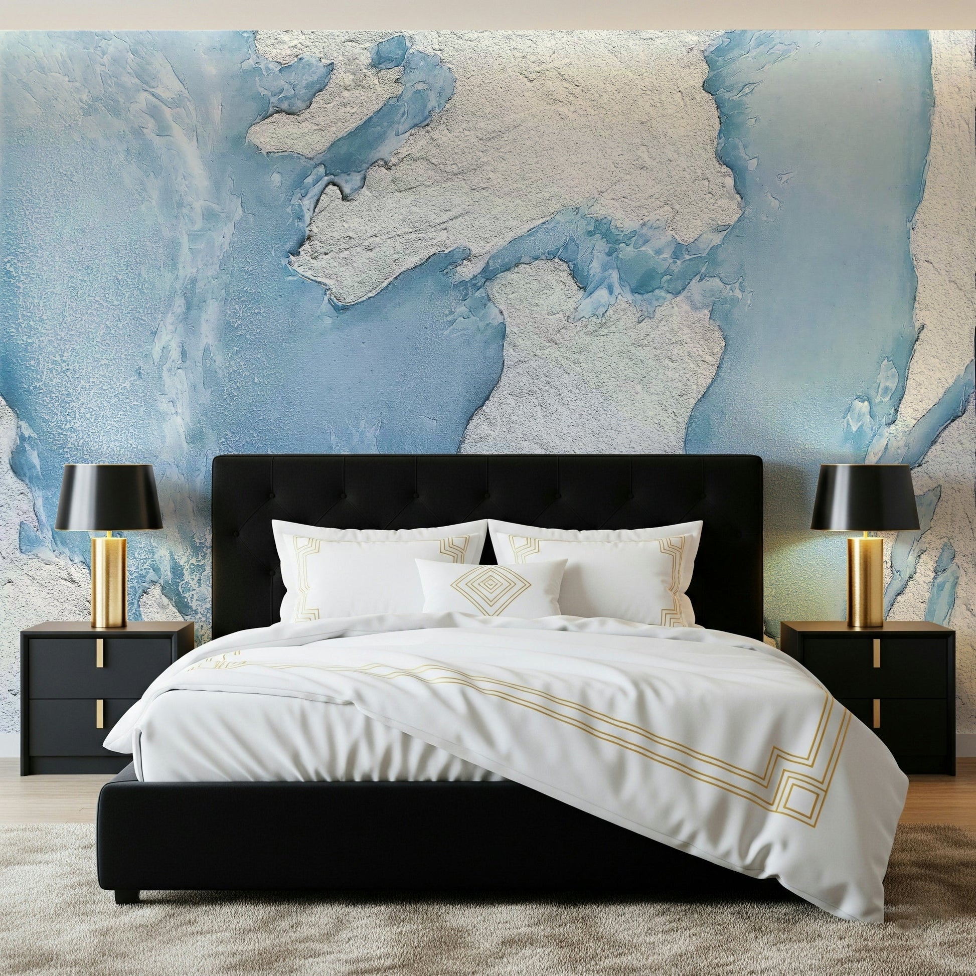 Entryway accent wall with the blue Glacial Dreamscape peel and stick wallpaper.