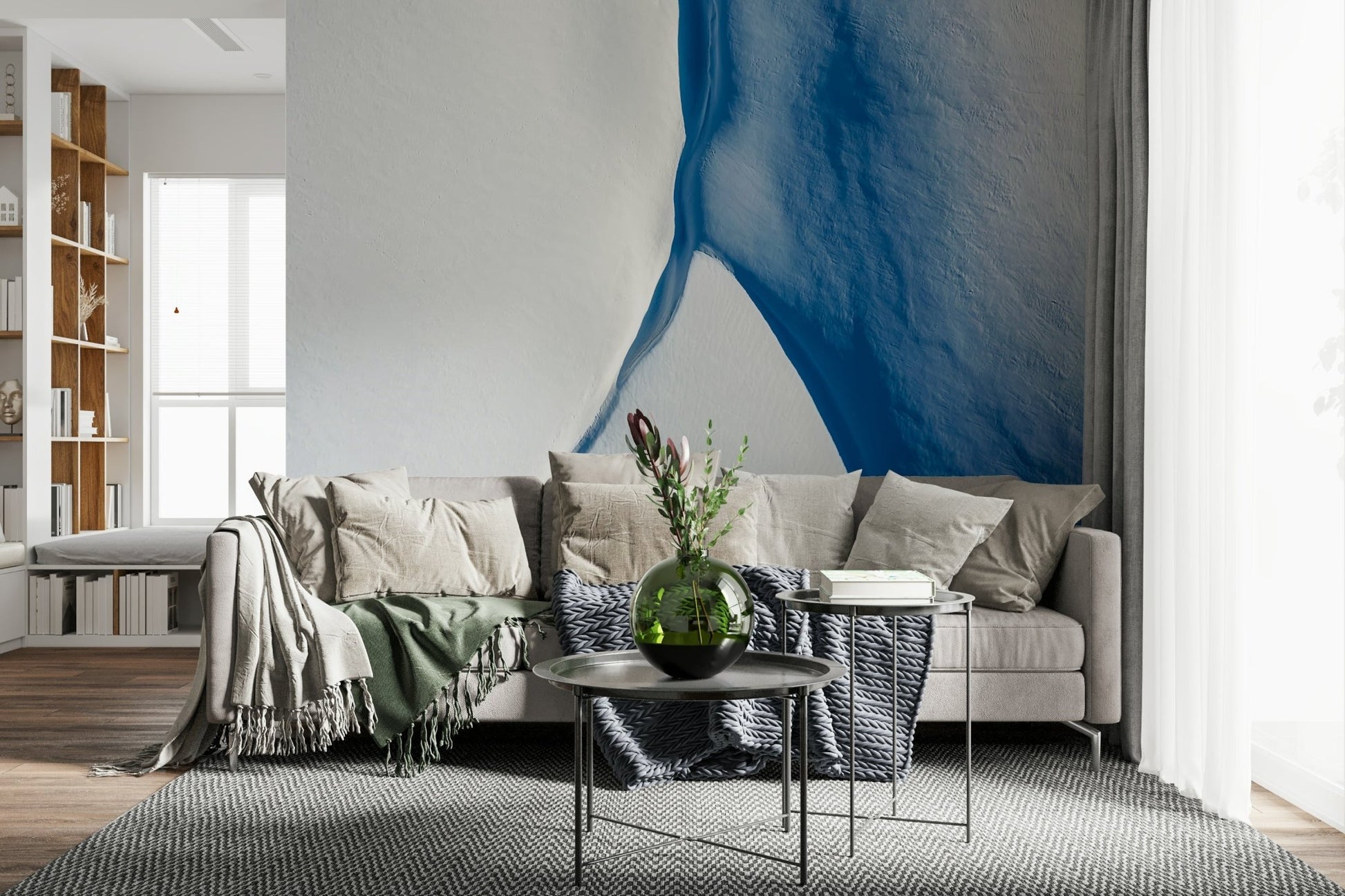 A serene flowing design wall mural in cool, glacial tones.