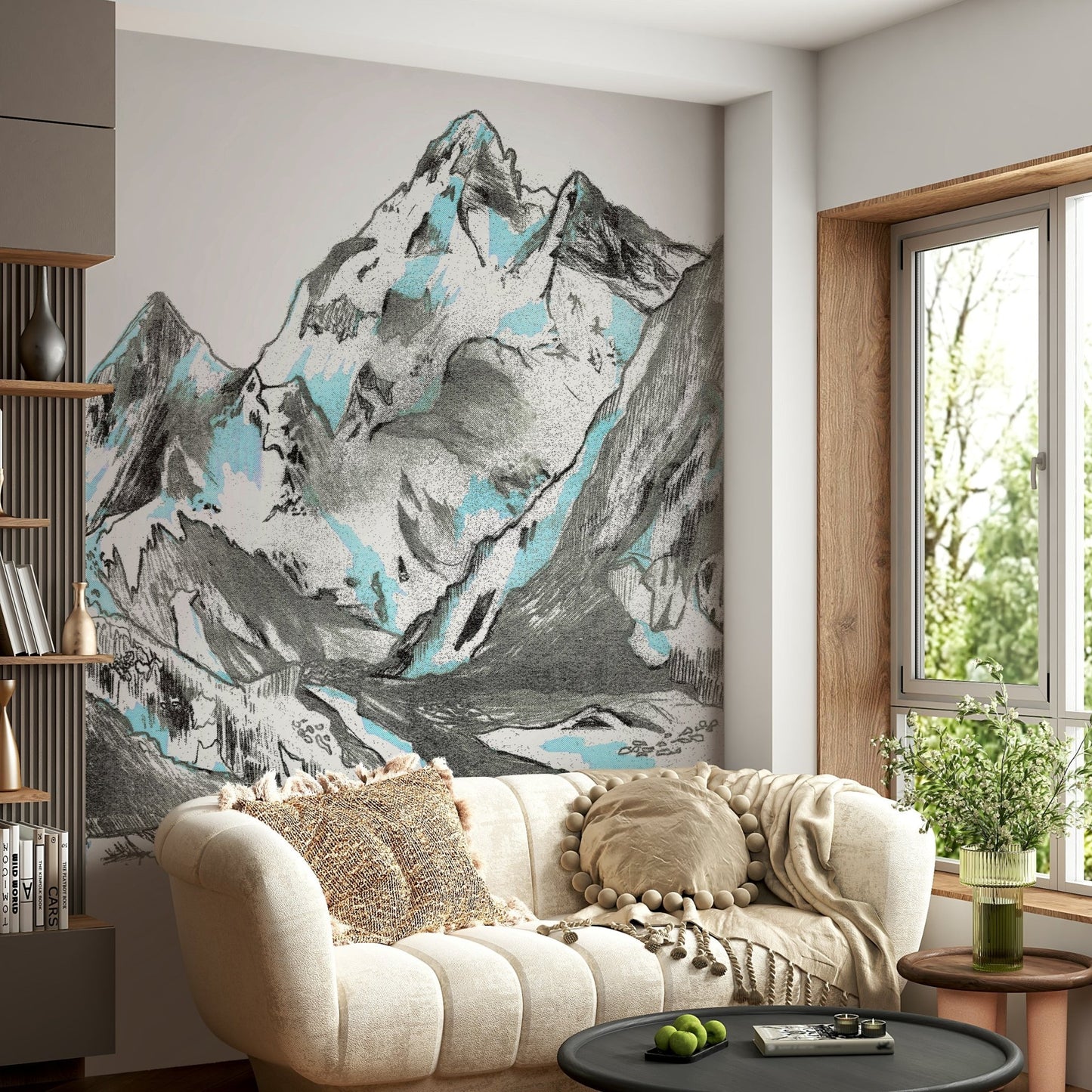 Mountain-inspired wall mural in light hues

