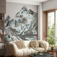 Mountain-inspired wall mural in light hues

