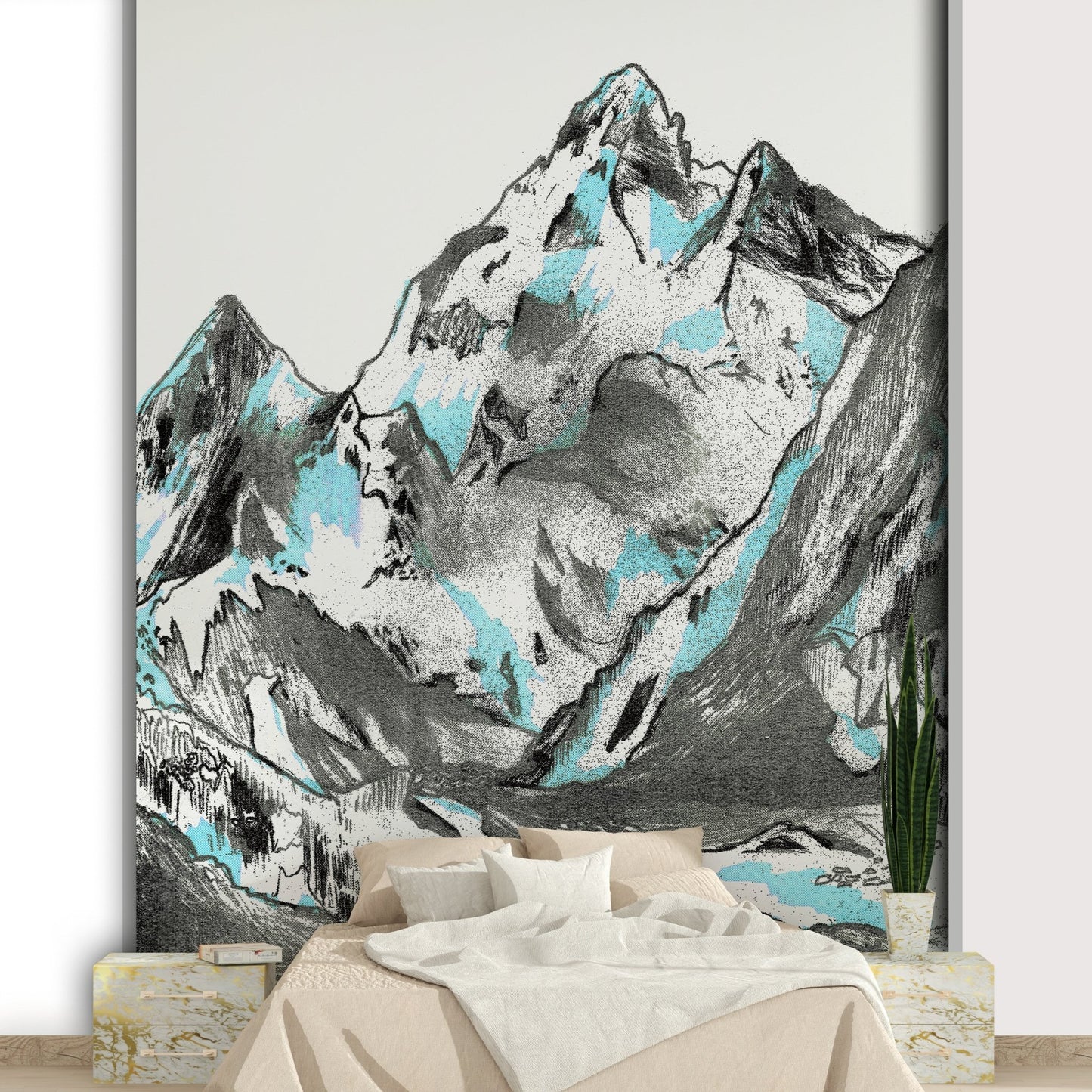 Cool-toned mural wallpaper with snow peaks

