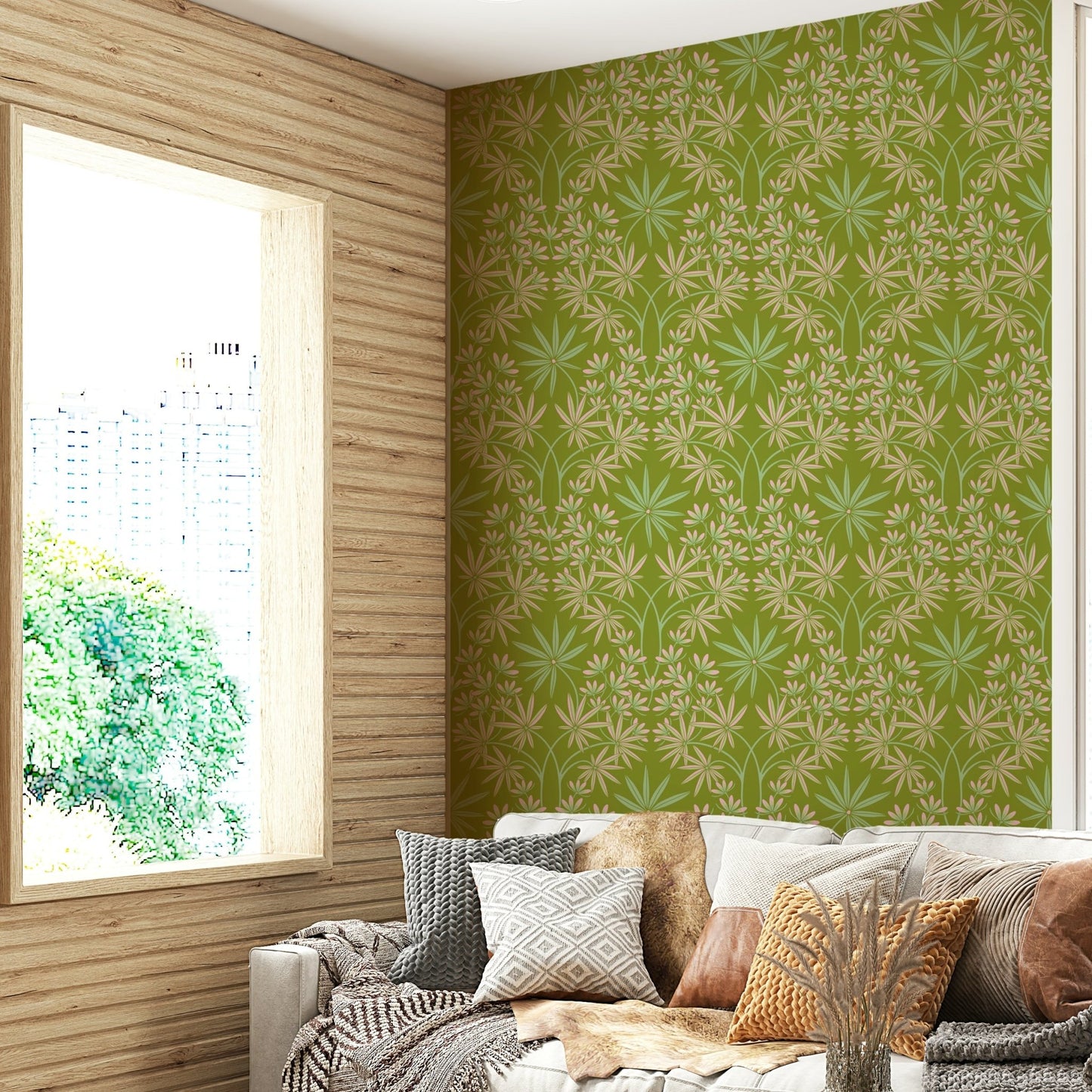 Luxurious green-toned wallpaper.


