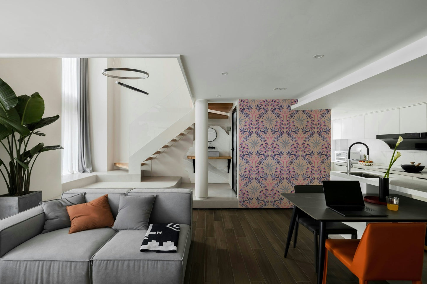 Luxurious lavender-toned wallpaper.

