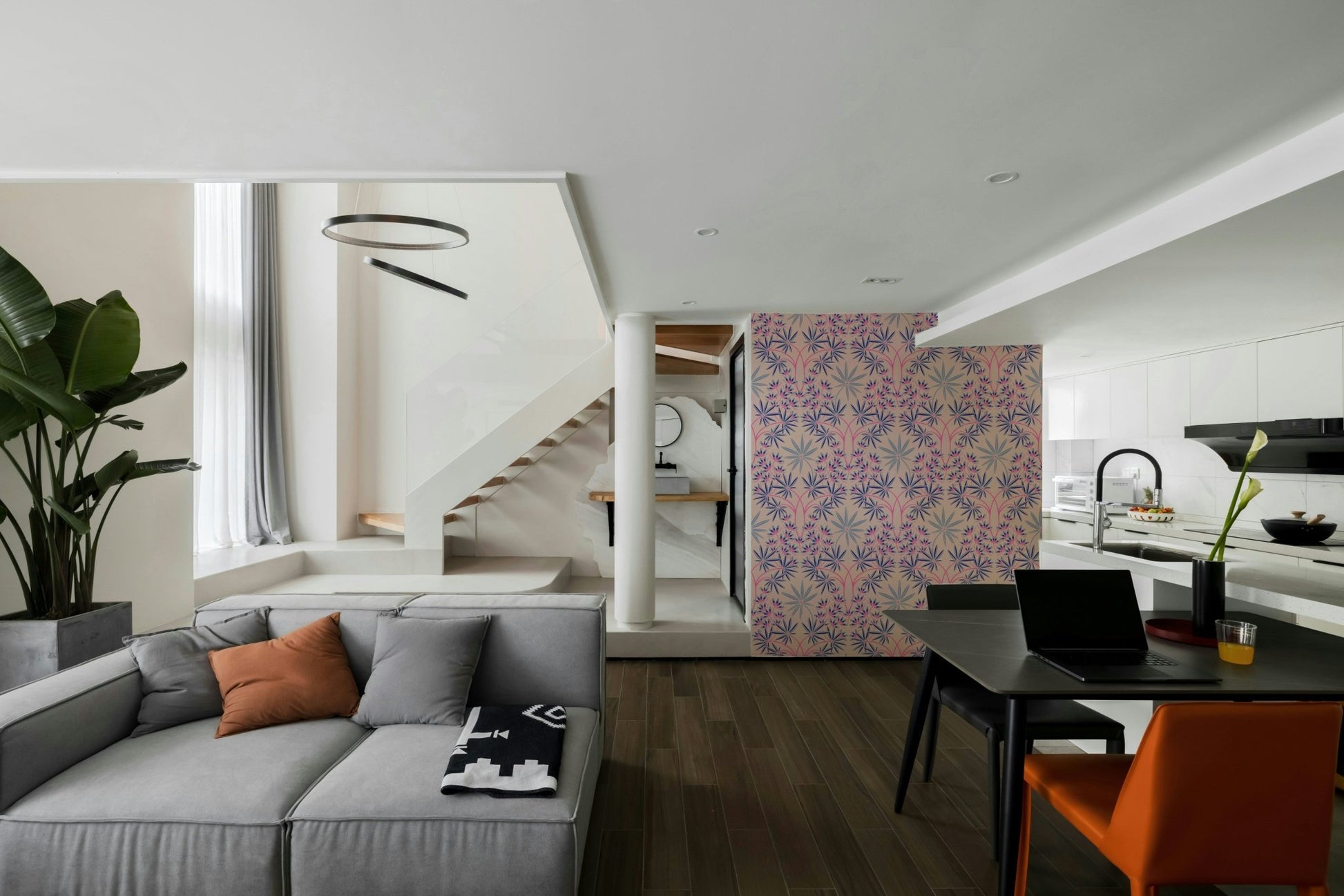 Luxurious lavender-toned wallpaper.

