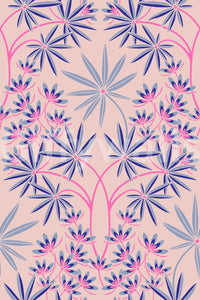 Bedroom with calming floral wallpaper.

