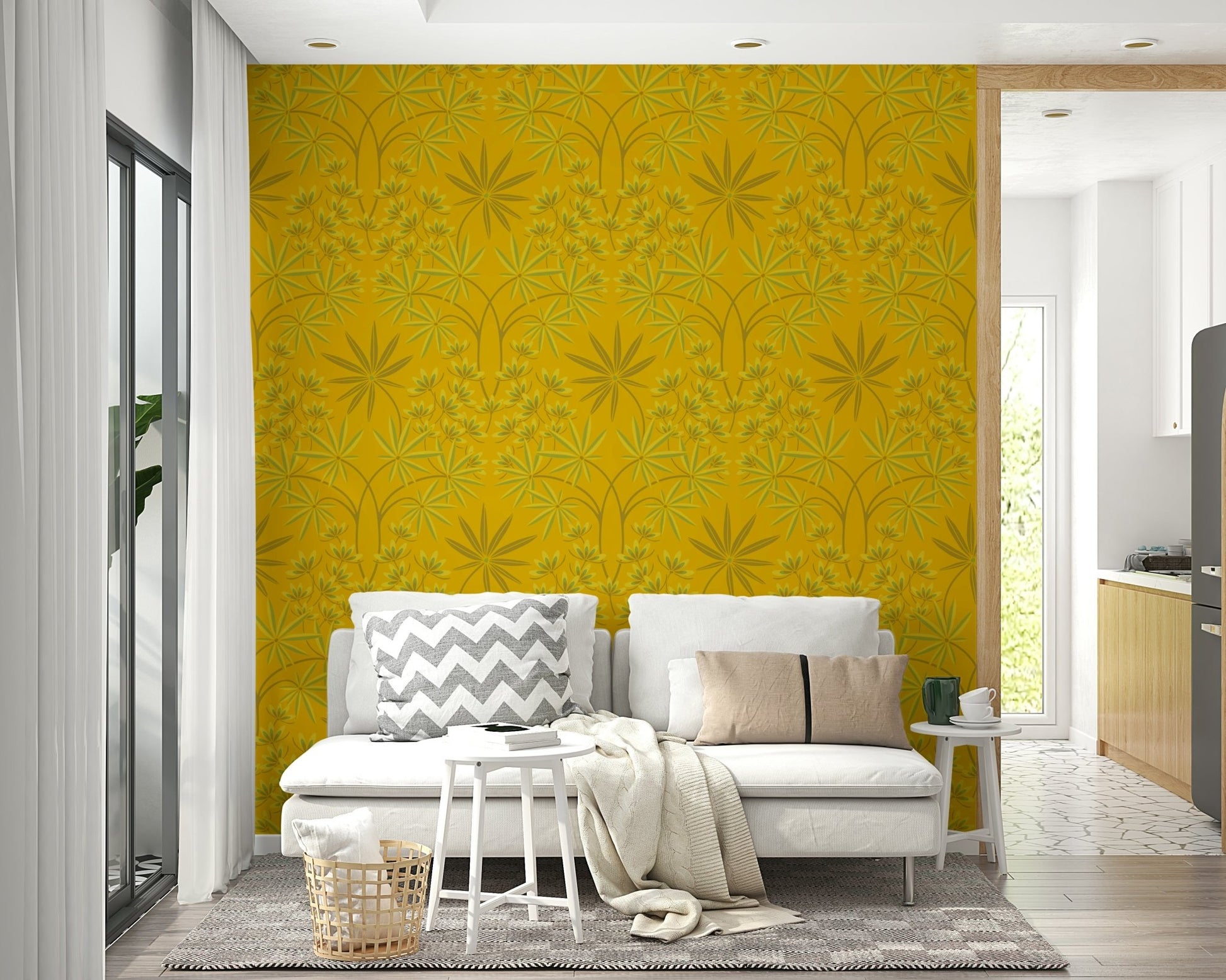 Accent wall with floral pattern.

