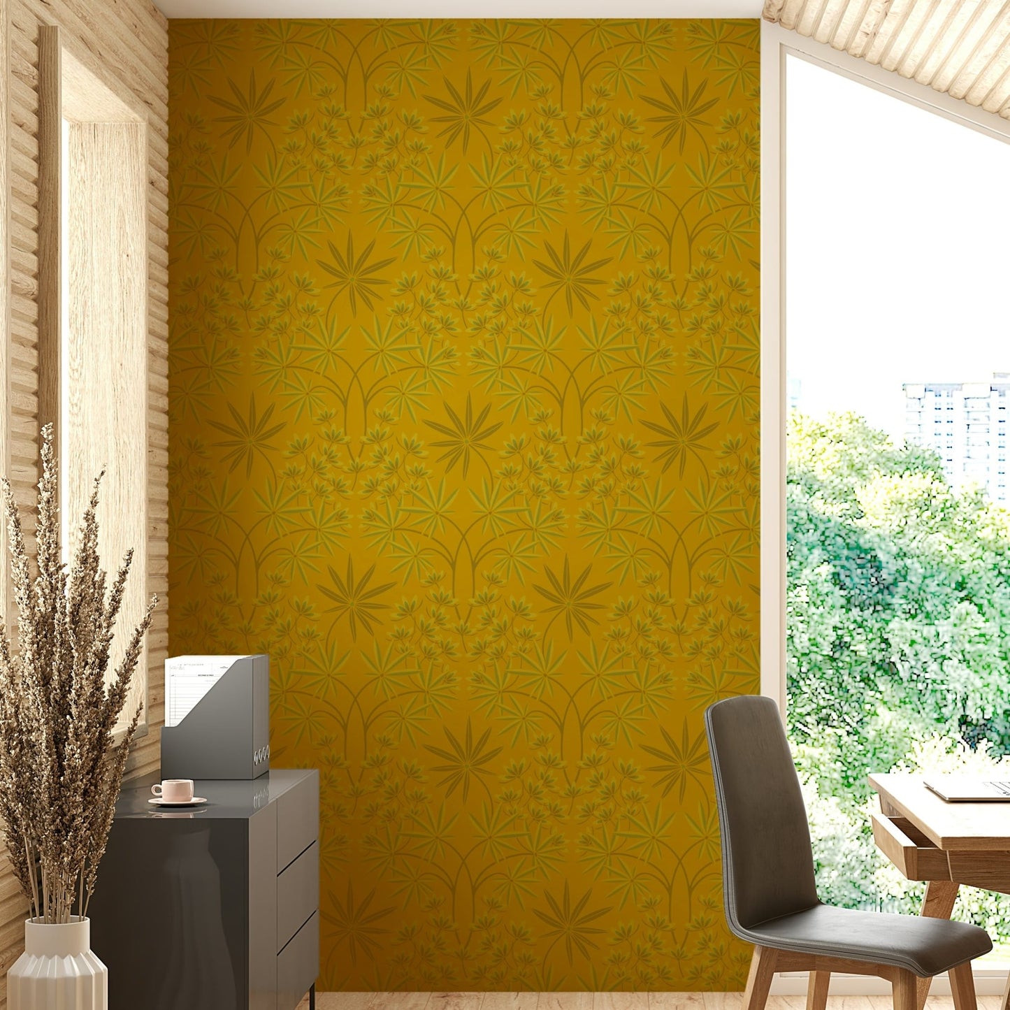 Deep yellow and green floral pattern.

