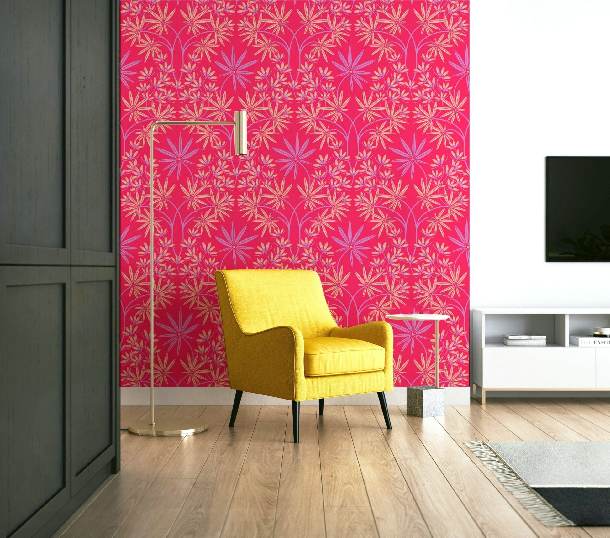 Accent wall with floral pattern.

