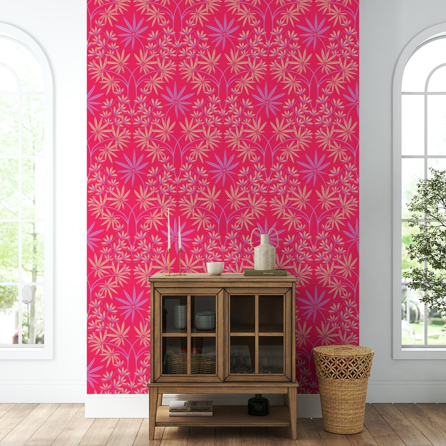 Luxurious pink-toned wallpaper.

