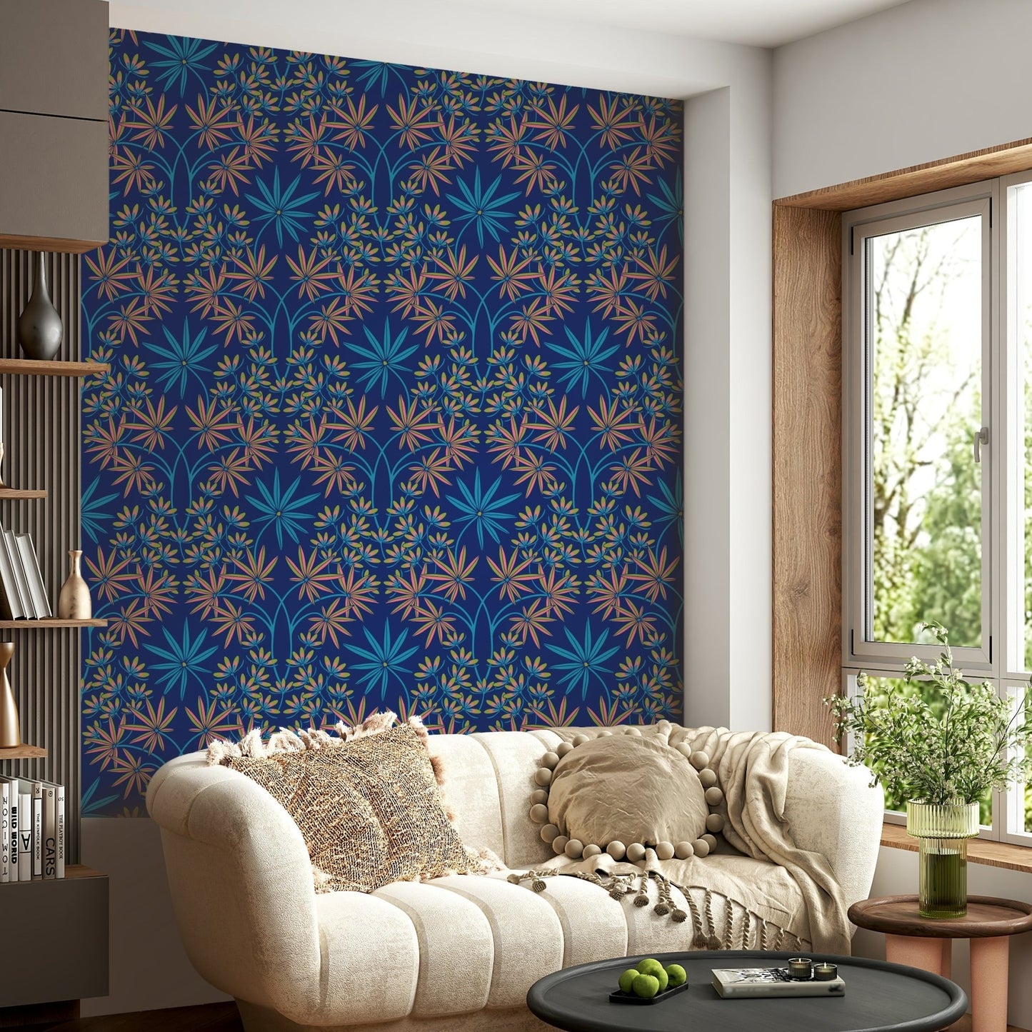 Accent wall with floral pattern.

