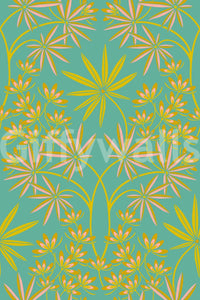 Bedroom with dramatic floral wallpaper.

