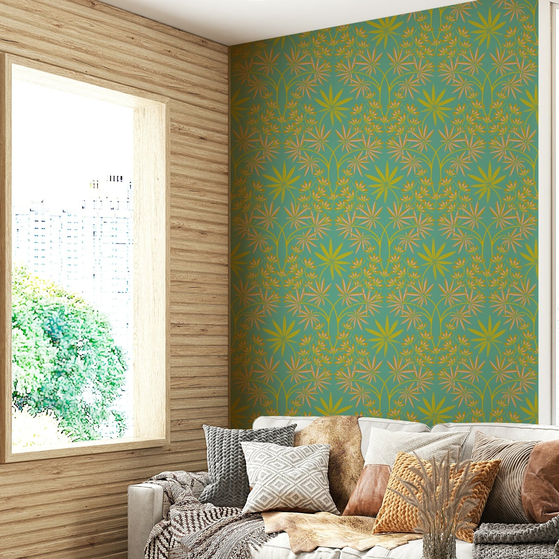 Textured damask wallpaper.

