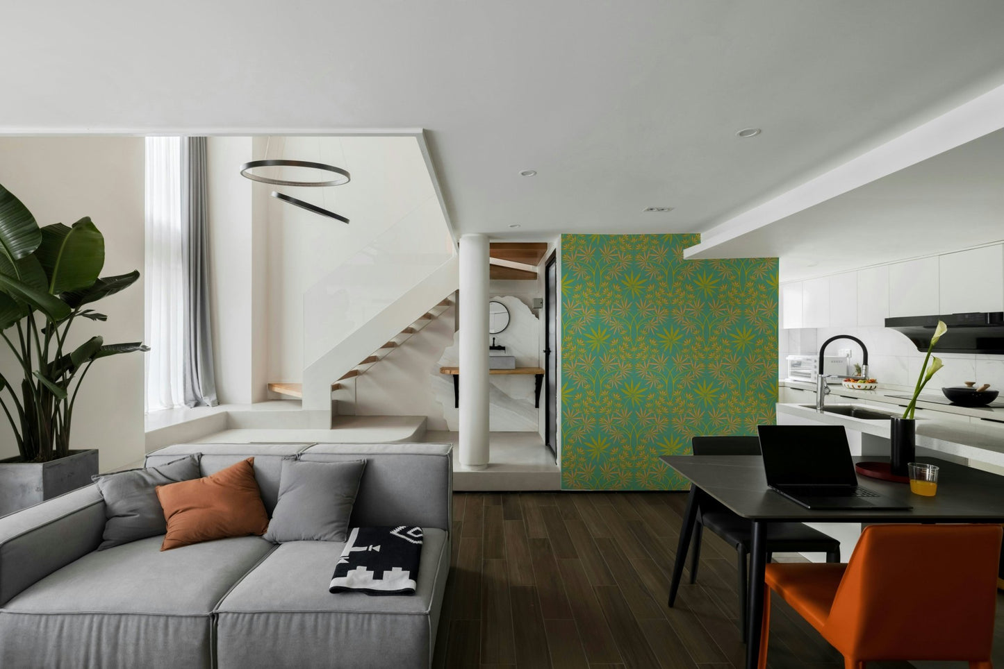 Accent wall with floral pattern.

