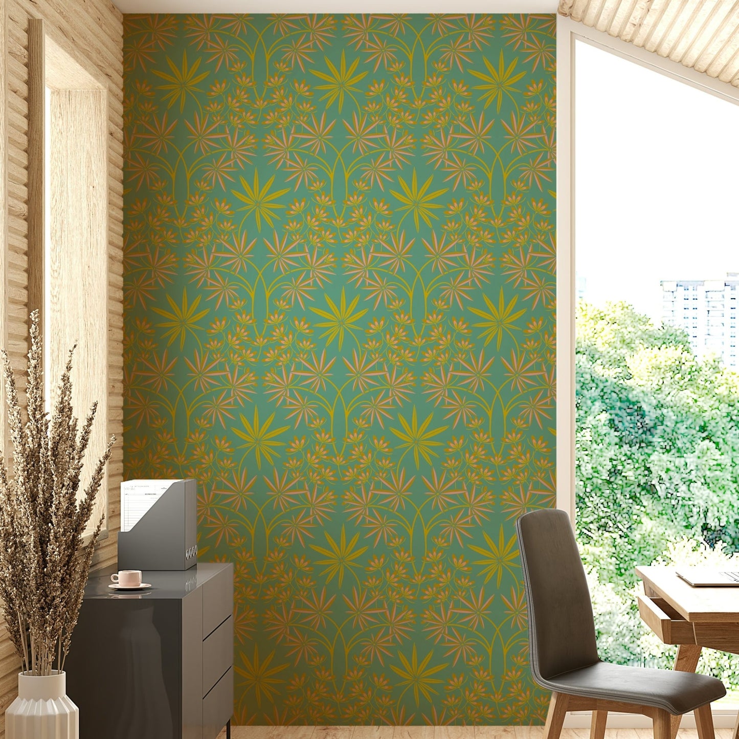 Luxurious yellow-toned wallpaper.

