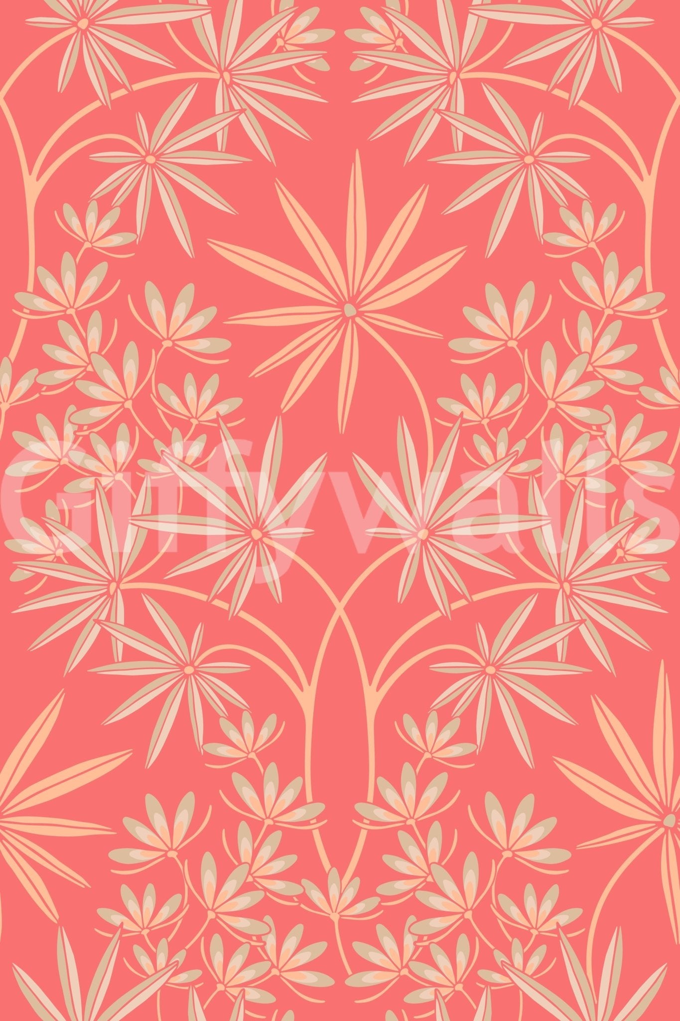 Bedroom with warm floral wallpaper.

