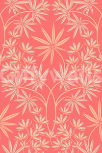 Bedroom with warm floral wallpaper.

