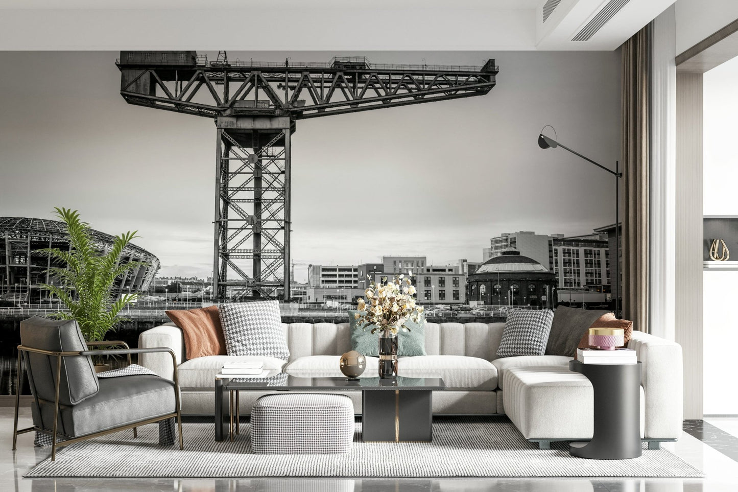 Building facade mural for a guest room in an urban apartment.